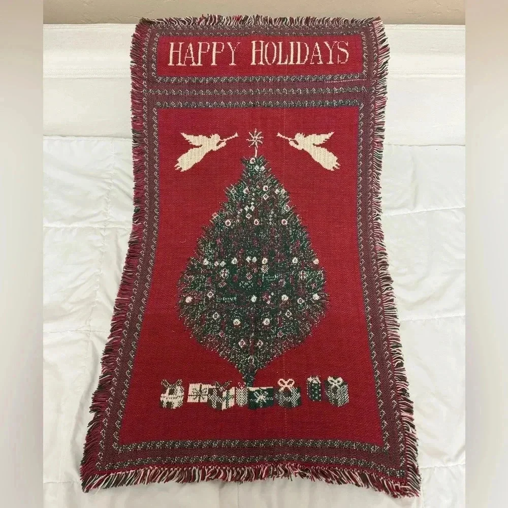Vintage Christmas Happy Holidays Throw Blanket Tapestry Wall Hanging TableRunner